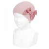 garter stitch knit hat with big velvet bow pale pink