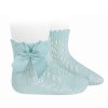 cotton openwork short socks with bow aquamarine