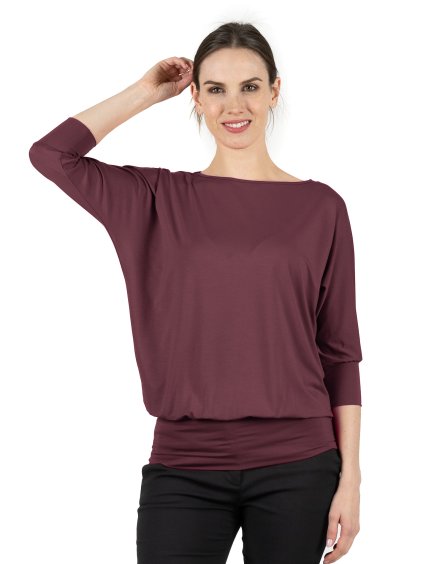 Bambusový Top Netopýr Vínový 3/4 Rukáv Volný Střih Dámský
