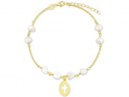 Náramek Křížek a sladkovodní perly zlatý stříbro 925 bangles