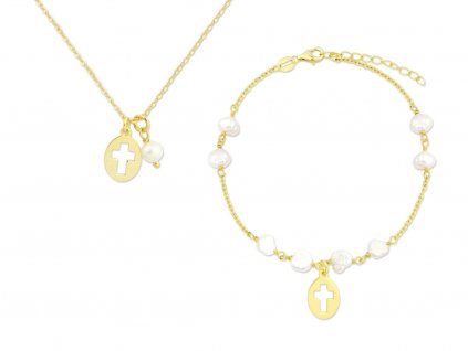 Set šperků s křížkem zlatý a sladkovodní perly