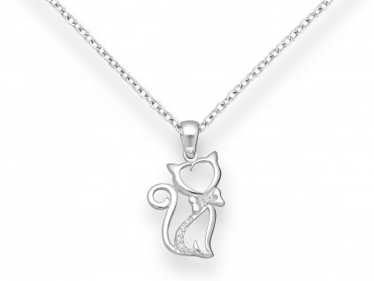 Stříbrný náhrdelník kočička s mašlí a zirkony