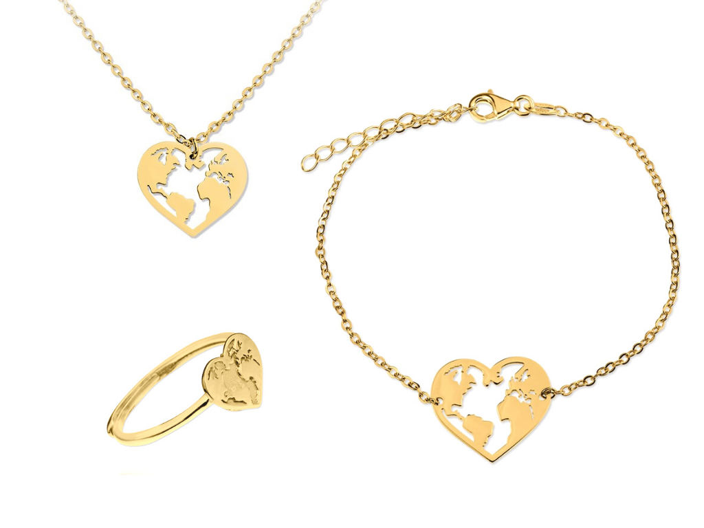 Bangles.cz Set náramek + řetízek + prsten Srdce Globe zlaté + dárková krabička 2443