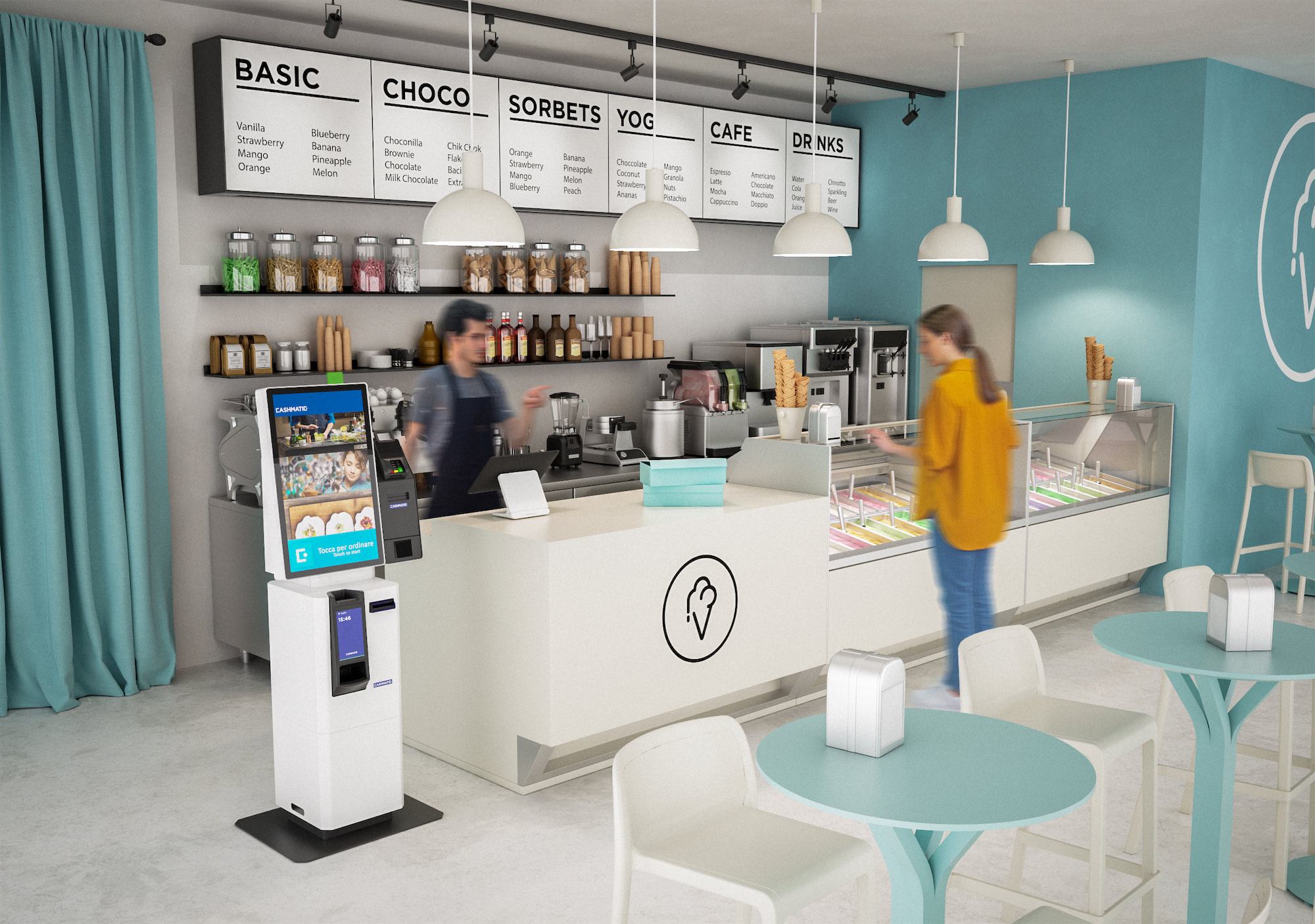 Ilustrační vizualizace kiosku Cashmatic VisualPay ve zmrzlinárně