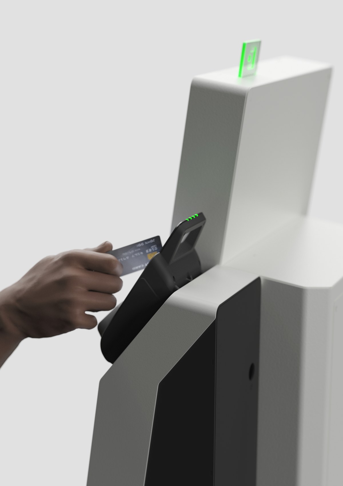 Zákazník přikládá platební kartu k terminálu kiosku Cashmatic VisualPay