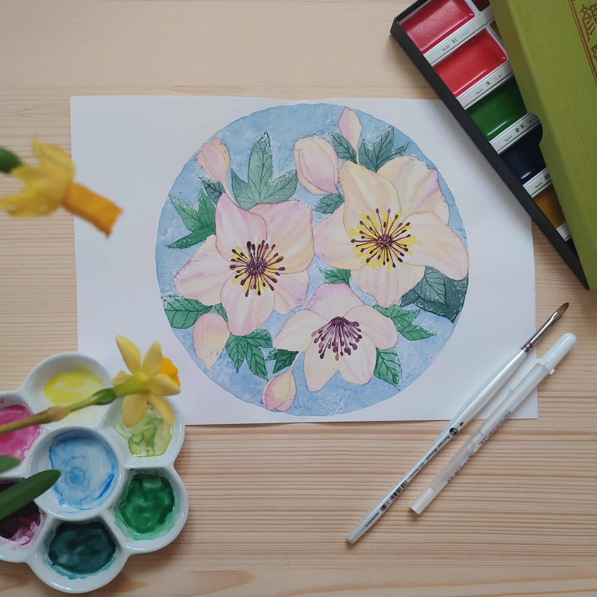 Maľba zasnežených kvetov čemerice pomocou akvarelov Gansai Tambi s Petrou Matějčkovou