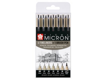 Sakura Pigma Micron Fineliners Sada 6 technických fixů + 1 Brush Pen