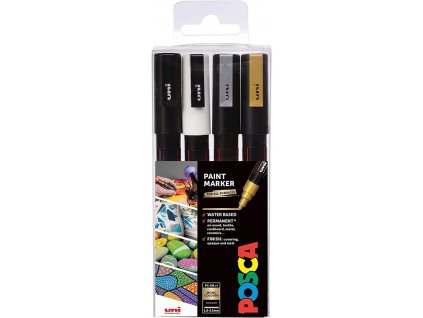 Sada akrylových fixů Posca PC 5M 1,8 2,5 mm, černá, bílá, stříbrná, zlatá 4 ks