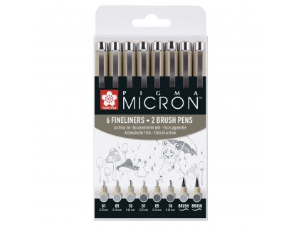 Sakura Pigma Micron Fineliners Sada 6 šedých technických fixů + 2 Brush Peny