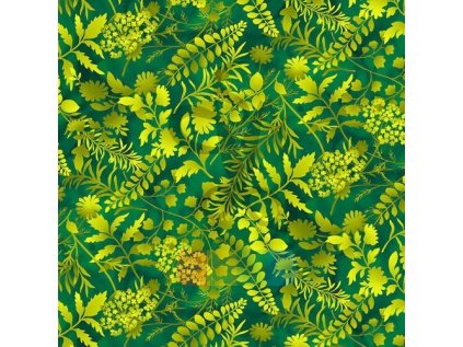 bavlněná látka - Butterfly Paradise - rostliny - zelená-žlutá