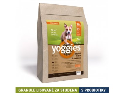 2 kg, Yoggies Active, kachna a zvěřina, granule lisované za studena s probiotiky