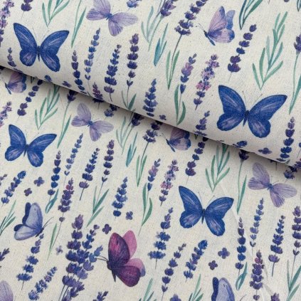 167828 dekor leinen digital lavendel und schmetterlinge auf naturbeige