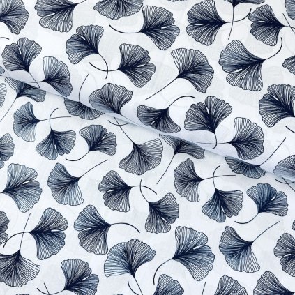 174278 4 bavlna vzorovana tmavomodre ginko na bielom