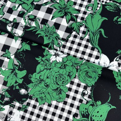 234962 5 bavlneny saten zelene kvety a cierno biele karo