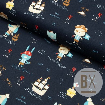 1011 3 bavlna vzorovana zvieraci pirati modra tmava