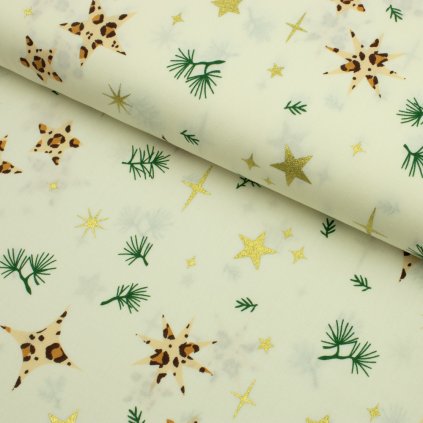 160194 4 bavlna vzorovana vianoce leopard zlate hviezdicky na bezovom