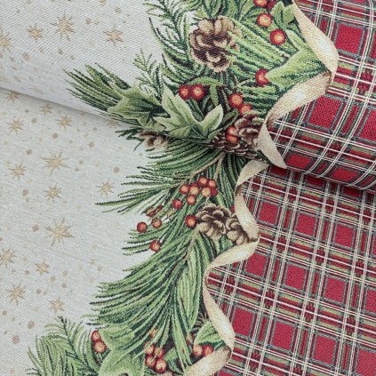 Gobelín Vánoce Ubrus - Vánočené karo s hvězdami a šiškami