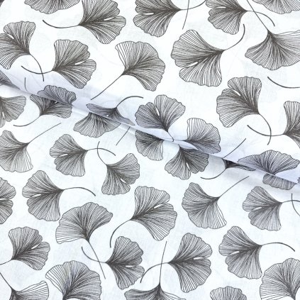 174275 bavlna vzorovana sive ginko na bielom