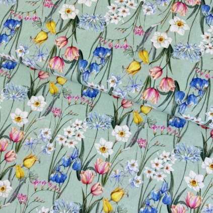 Baumwolle digital - Wiesenblumen auf Mintgrün
