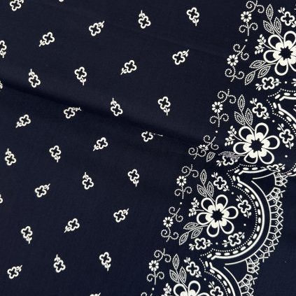 233231 5 bavlna ludovy vzor bordura stvorlistok tmava modra