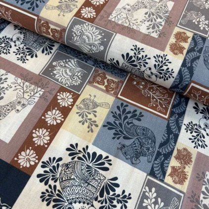 Baumwolle gemustert - Blau-braunes Motiv