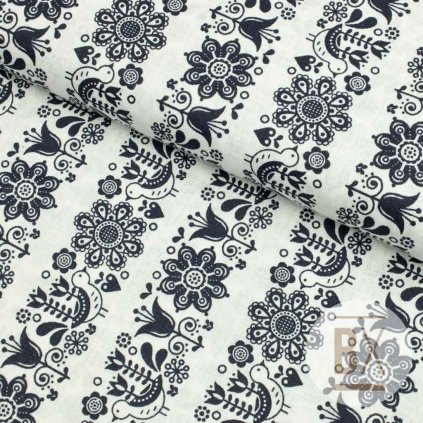 8253 bavlna ludovy vzor kvietky pasy modra tmava