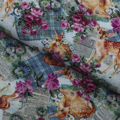 Digital jerseyanyag - Őzike és virágok