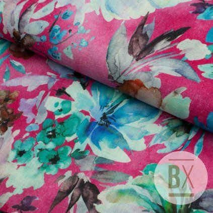 Digital len - Virágok rózsaszín-zöld