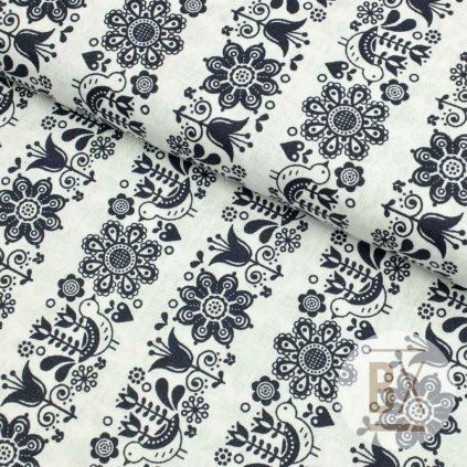 Pamut népi minta - Virágok csíkok kék