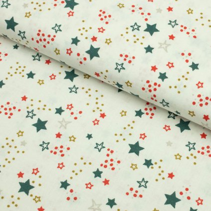 Bavlna vzorovaná - Vianoce Farebné hviezdičky na bielom