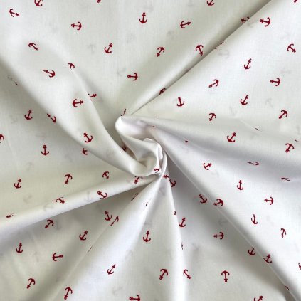 Bavlna vzorovaná - Červená kotva na bielom