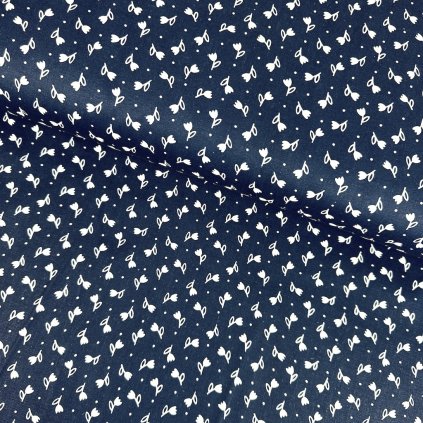 Bavlna ľudový vzor - Tulipán biely na tmavomodrom