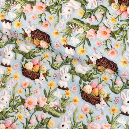 Bavlna digital - Zajace a kvietky na modrom