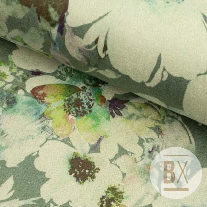 Kostýmovka SCUBA SUEDE  - Kvety zelená vintage