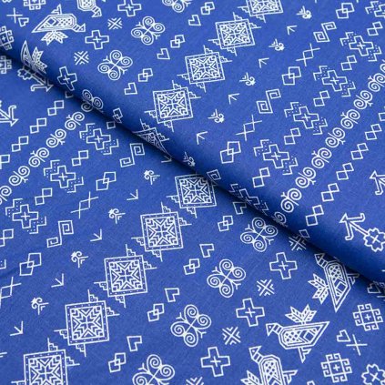 Bavlna ľudový vzor - Čičmany  modrá kráľovská
