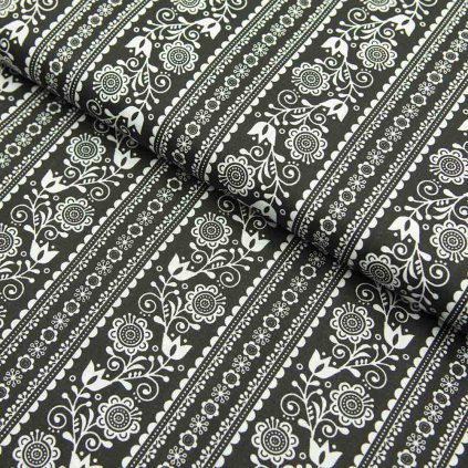 Bavlna ľudový vzor - Kvietky pásy čierna