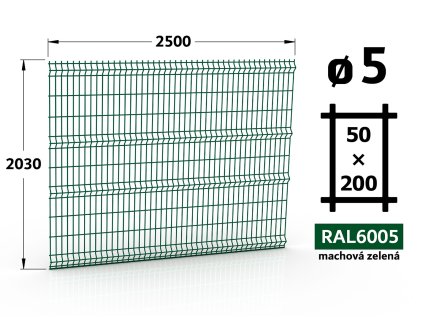 plotový panel 5mm oka 50x200 plot delfin classic výška 203 délka 250 mechově zelená ral 6005 46 šrot
