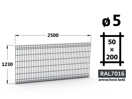 plotový panel 5mm oka 50x200 plot delfin classic výška 123 délka 250 antracitově šedá ral 7016 46 šrot