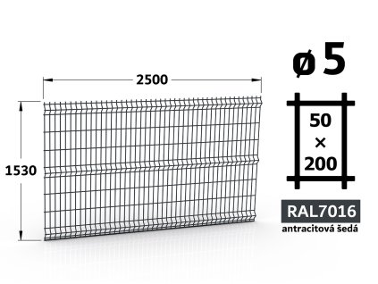 plotový panel 5mm oka 50x200 plot delfin classic výška 153 délka 250 antracitově šedá ral 7016 46 šrot
