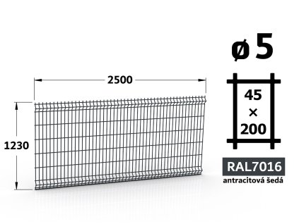 plotový panel s oky 5 mm 45x200 neptun galaxia výška 123 délka 250 antracitově šedá ral 7016 51 šrot