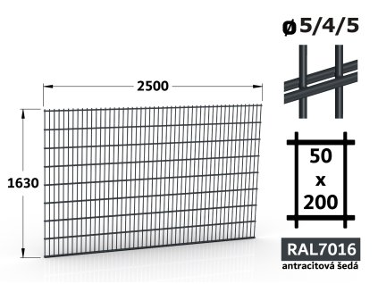 plotový panel svařovaný 2d 5 4 5 šířka 250cm výška 163cm antracitový
