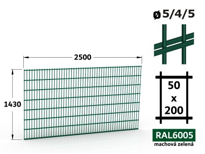 plotový panel svařovaný 2d 5 4 5 šířka 250cm výška 143cm zelený