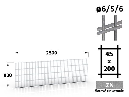 plotový panel 6 5 6mm pletivo 45x200 dvojitá výška 51W dvojité vnitřní pletivo všechny délky 250 ziarovo pozinkovaný 51 šrot