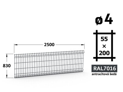 plotový panel 4mm pletivo 55x200 jupiter fenix výška 083 délka 250 antracitově šedá ral 7016 41 šrot