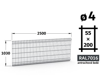 plotový panel 4mm pletivo 55x200 jupiter fenix výška 103 délka 250 antracitově šedá ral 7016 41 šrot