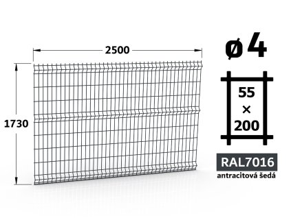 plotový panel 4mm pletivo 55x200 jupiter fenix výška 173 délka 250 antracitově šedá ral 7016 41 šrot