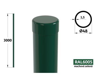 kulatý plotový sloupek průměr 48 mm pletivo pro plot délky 3000 mm pozinkované a potažené mechově zelenou barvou ral 6005