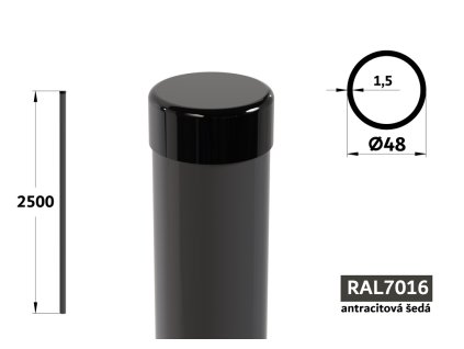 kulatý plotový sloupek průměr 48 mm délka plotového oka 2500 mm pozinkovaný a potažený antracitově šedou barvou ral 7016