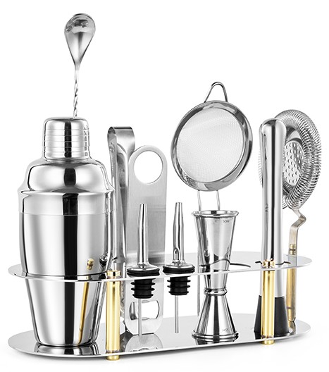 11dílný Koktejlový Set z Nerezové Oceli se Stojánkem