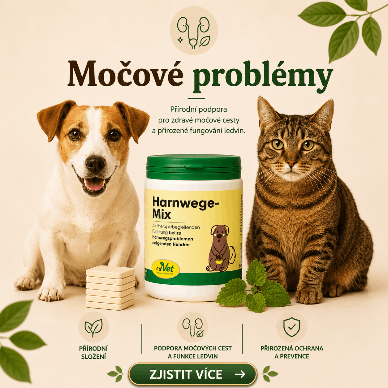 Pes a kočka s doplňkem stravy cdVet Harnwege-Mix pro podporu močových cest, téma močové problémy u psů a koček